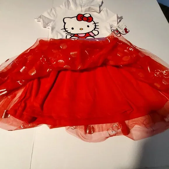 Hello Kitty Hooded Dress XS Red Tulle Skirt White Top Short Sleeves Kids Outfit - Picture 8 of 8